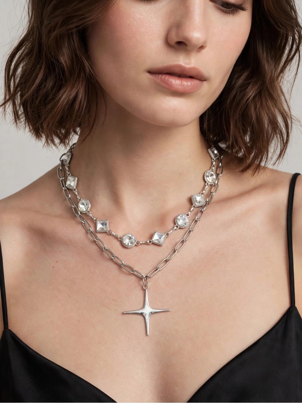 Silver Tone Layered Necklace Set/ Star Cross Pendant/Paperclips Chain